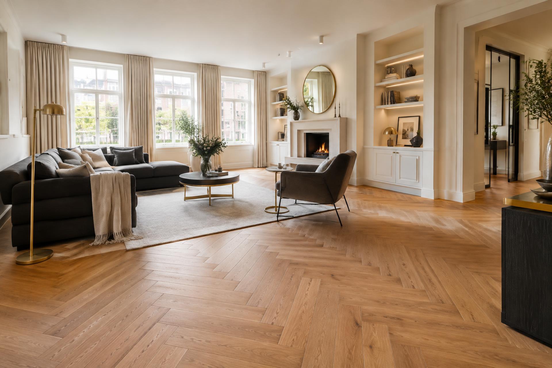 Luxe woonkamer met een warme visgraatvloer